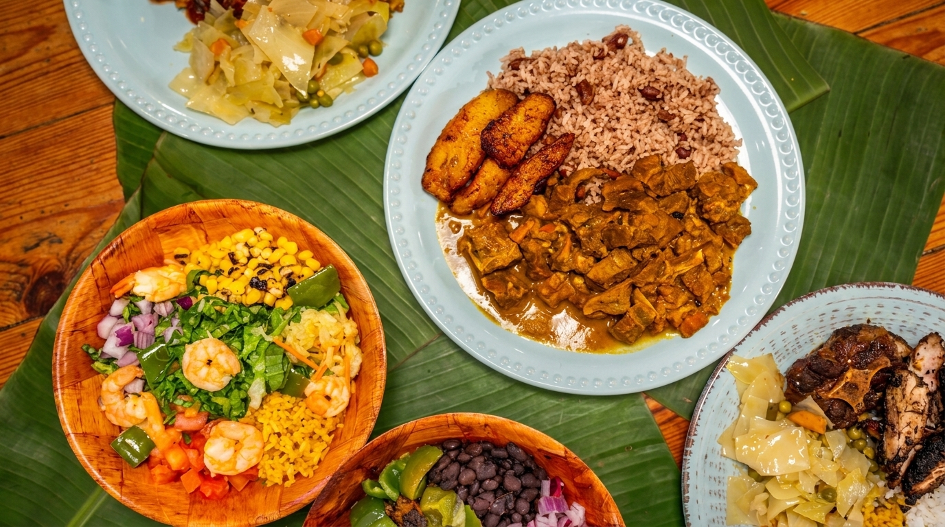 A vibrant spread of Caribbean dishes, including curry, rice, plantains, shrimp salad, and oxtail.