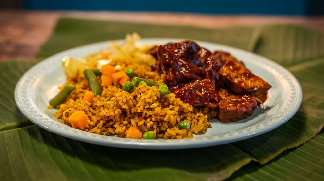 A plate of yellow rice with vegetables and dark glazed meat on a banana leaf.