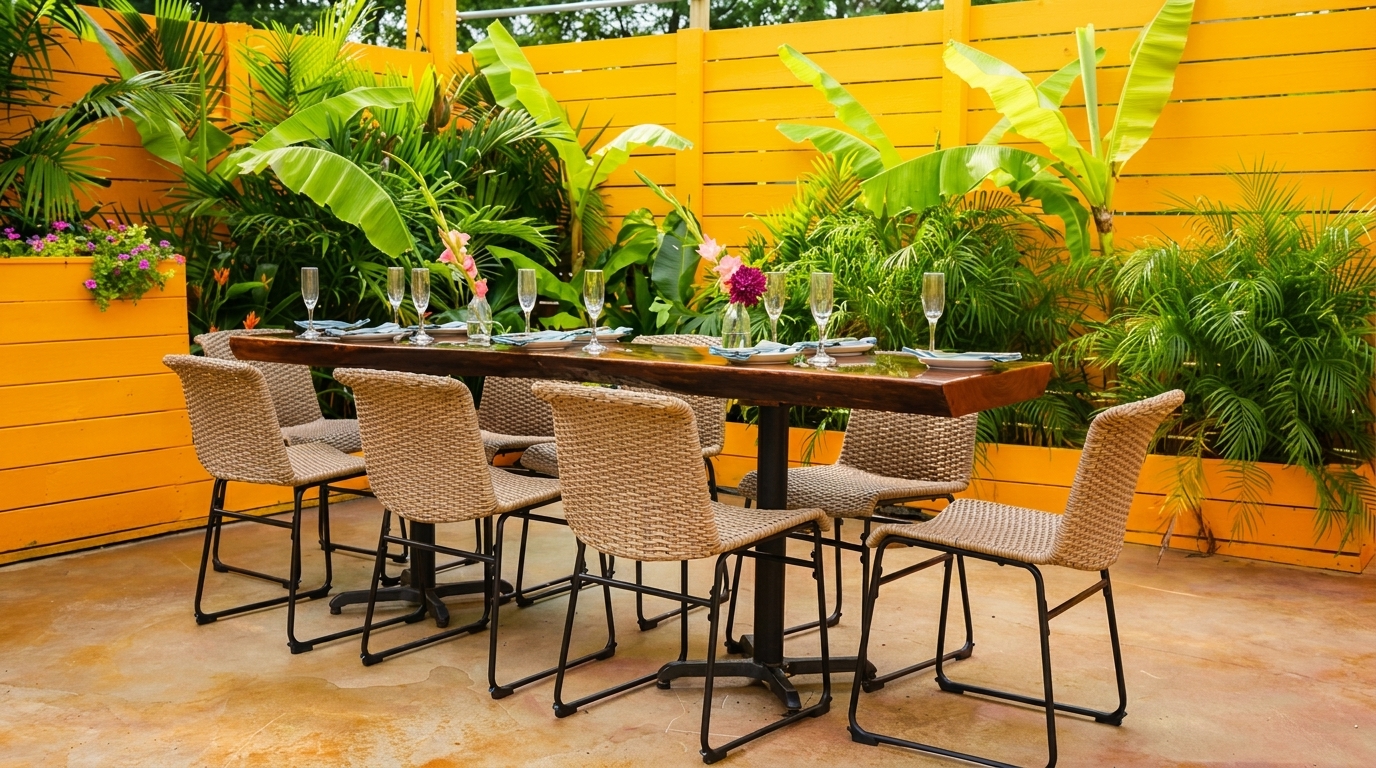Outdoor dining table set for eight with wicker chairs, surrounded by lush tropical plants and a yellow fence.
