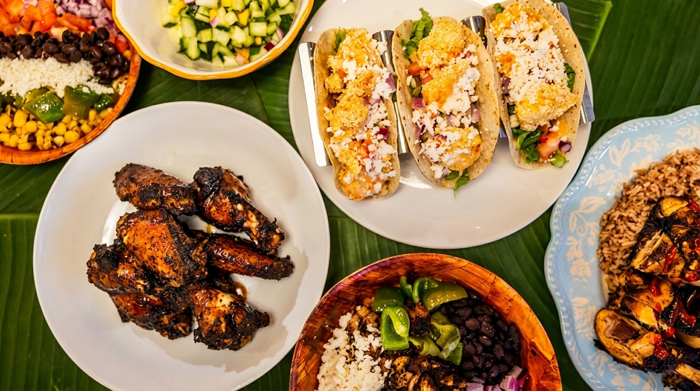 An overhead view of various Caribbean dishes, including tacos, jerk chicken, and rice bowls, on a banana leaf.