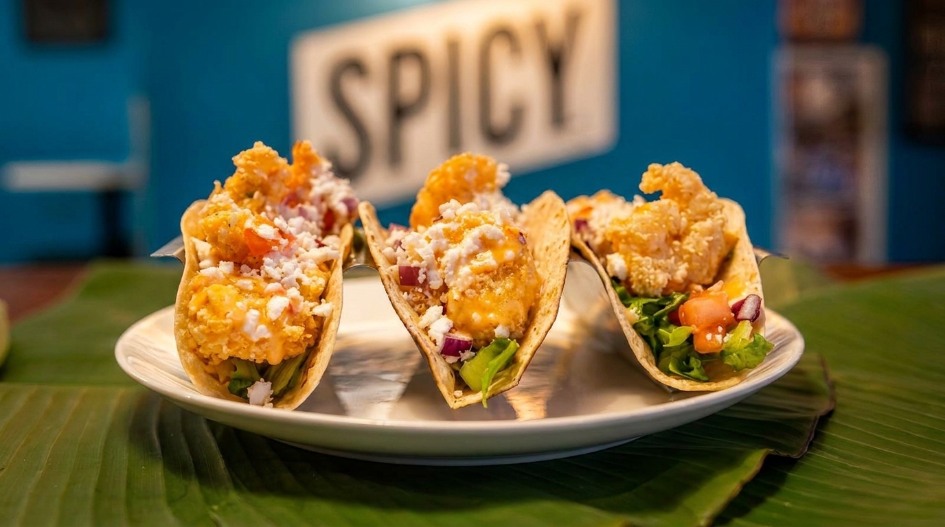 Three crispy shrimp tacos with lettuce, tomato, onion, and cheese on a white plate.
