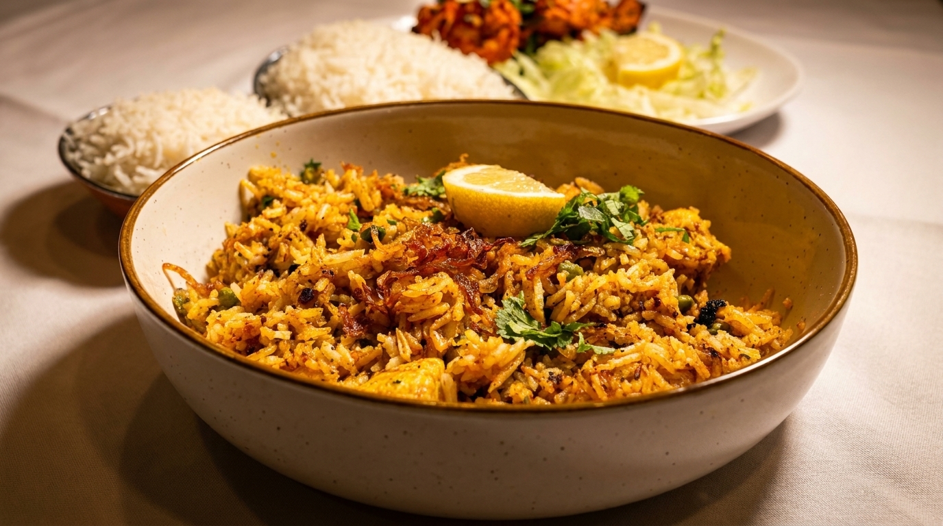 A bowl of chicken biryani with fried onions, cilantro, and a lemon wedge, with rice and chicken tikka in the background.