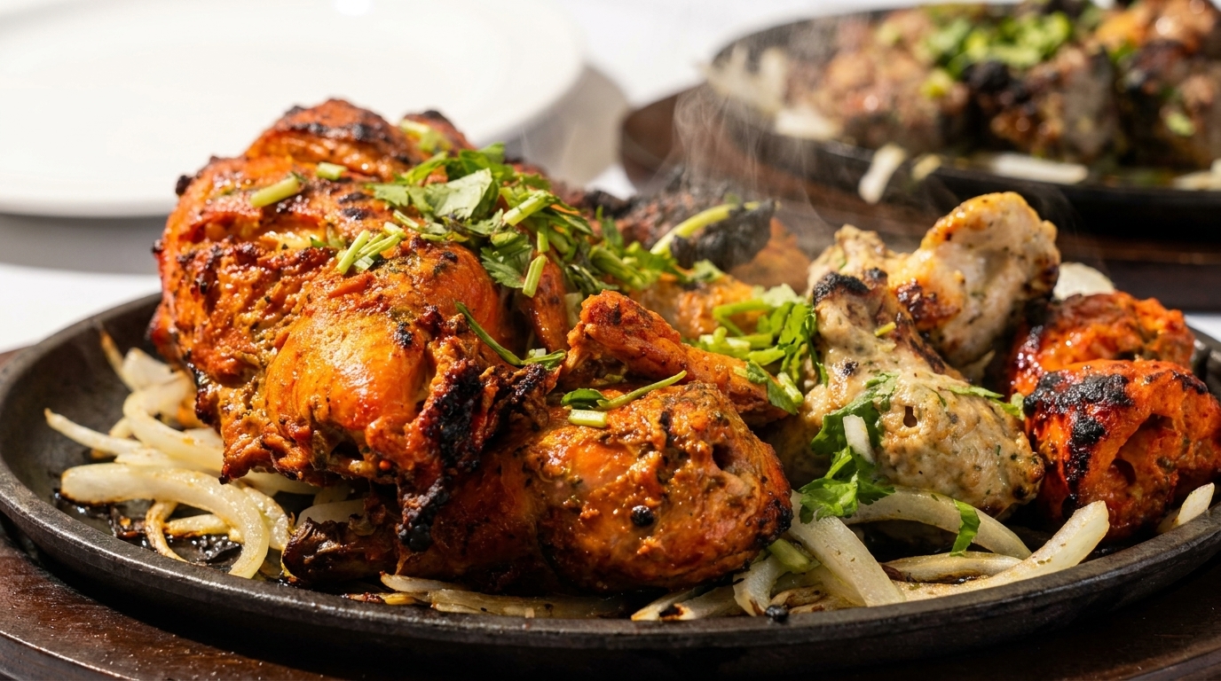 Sizzling platter of Tandoori chicken, chicken tikka, and malai tikka with onions and cilantro.