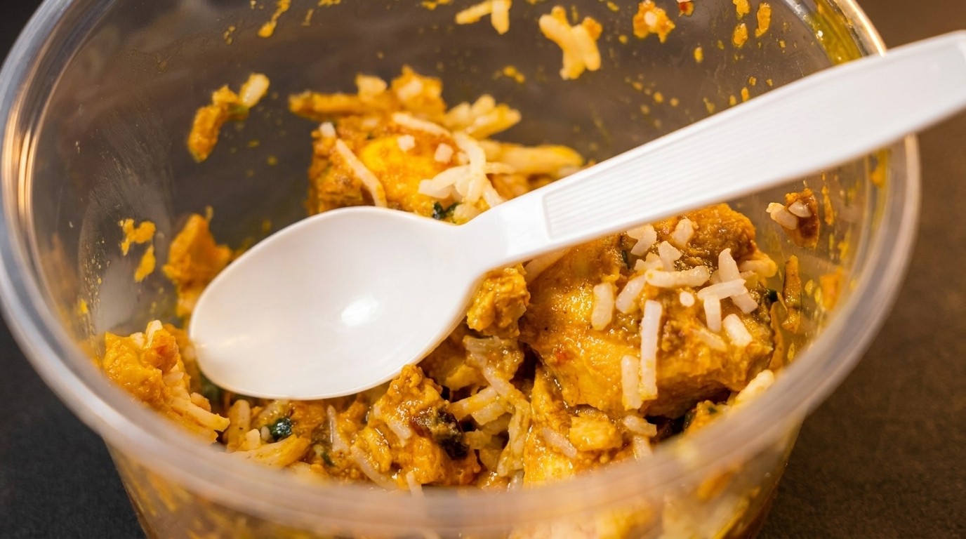 Chicken biryani with rice and a white plastic spoon in a clear takeout container.