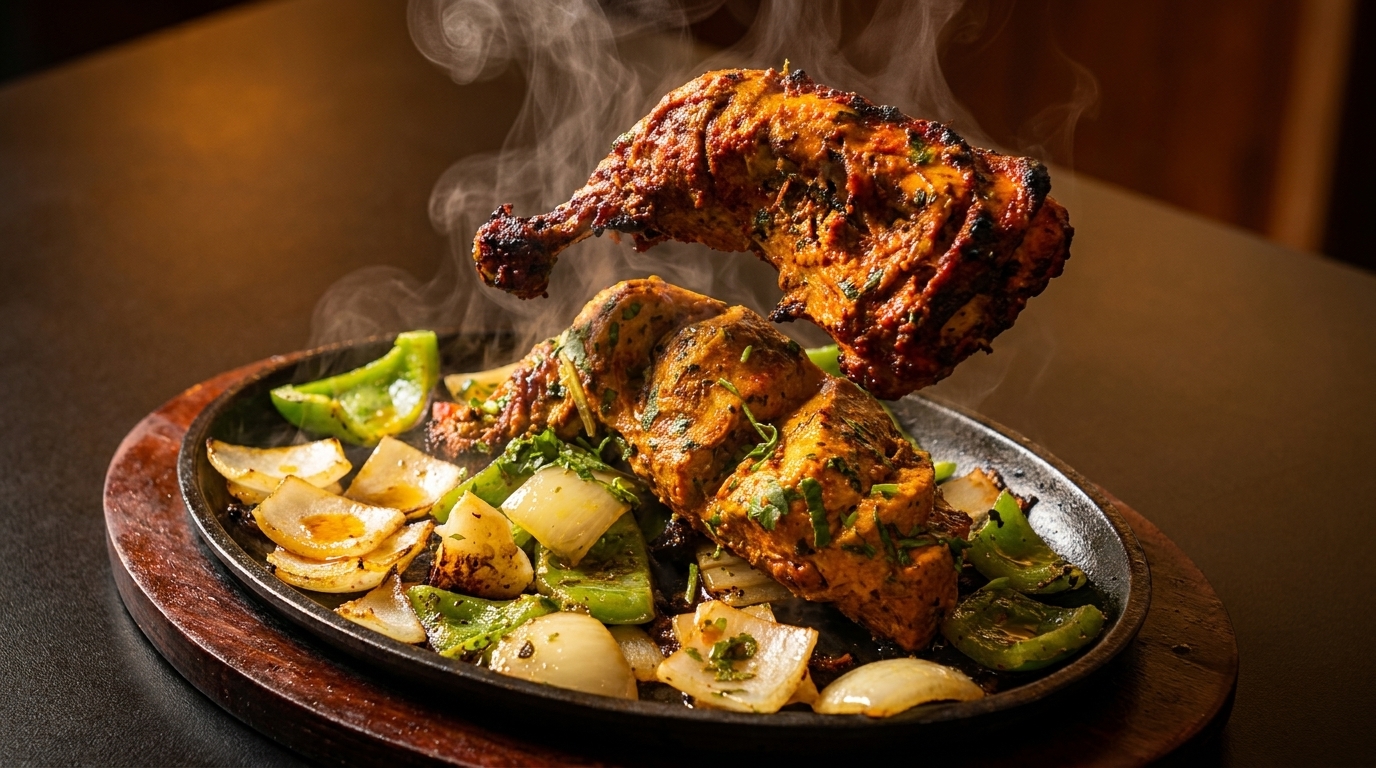 Steaming hot tandoori chicken legs and thighs with sautéed onions and green peppers on a sizzling platter.