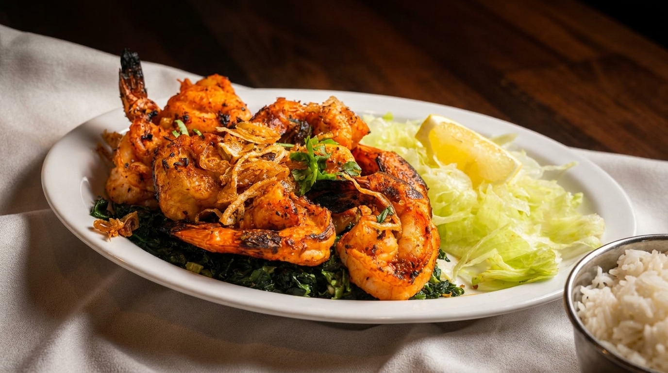 Grilled shrimp with crispy onions, greens, lemon, and a side of rice on a white plate.