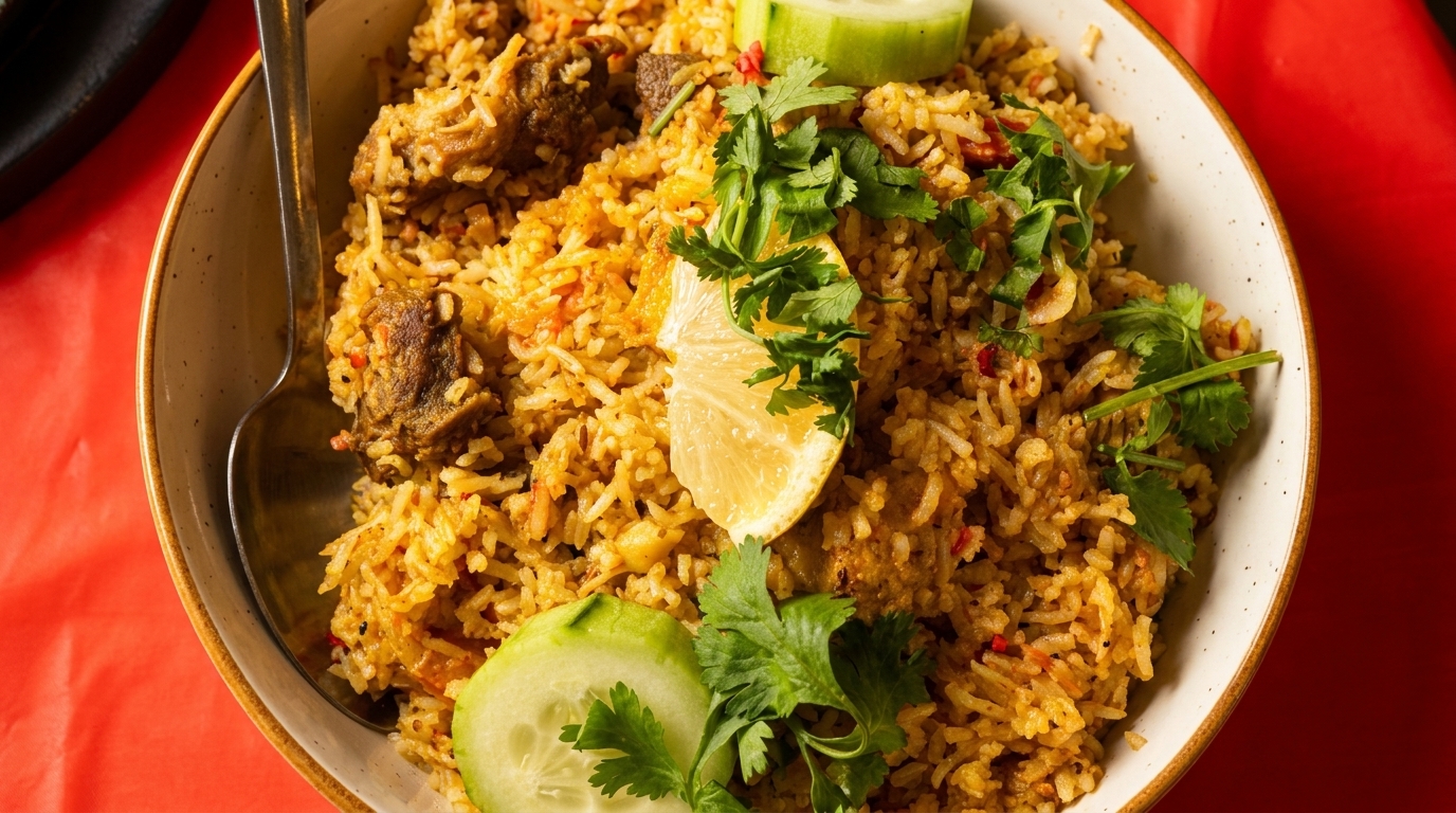 Close-up of a bowl of biryani with meat, garnished with cilantro, cucumber, and a lemon slice.