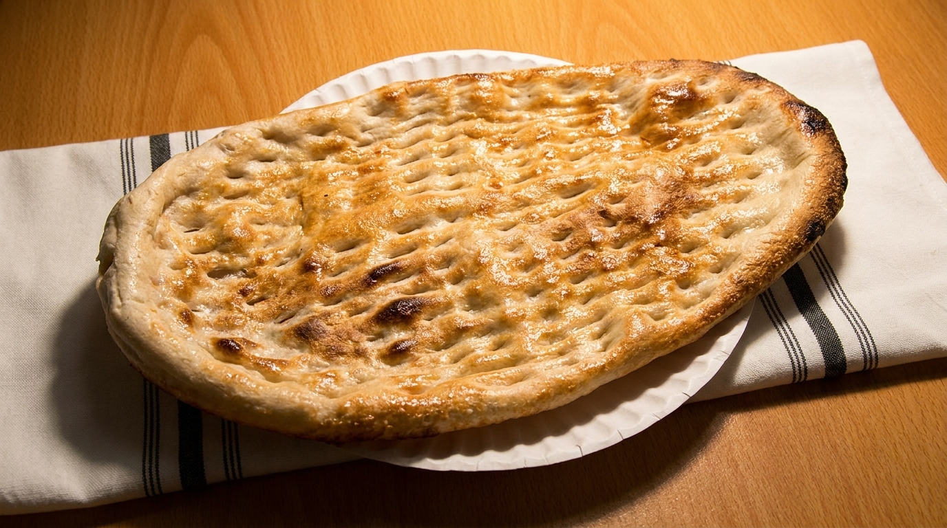 A golden-brown, oval-shaped naan bread with dimples, served on a white paper plate.