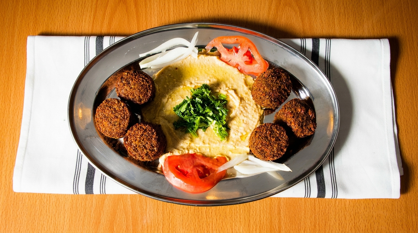 A silver platter of falafel, hummus, sliced tomatoes, onions, and parsley on a white napkin.