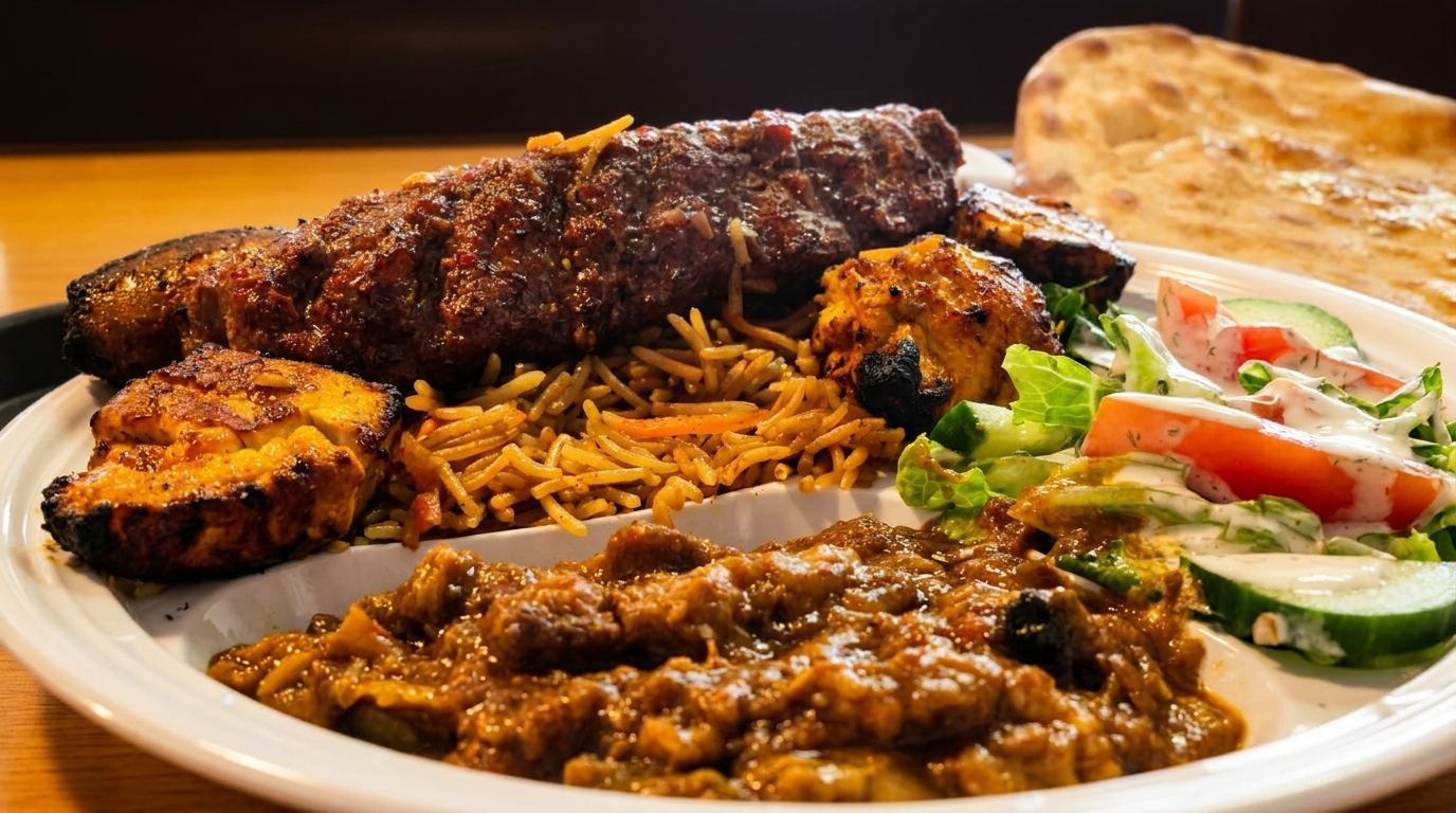 A platter of grilled meats, rice, salad, and curry, with naan bread in the background.