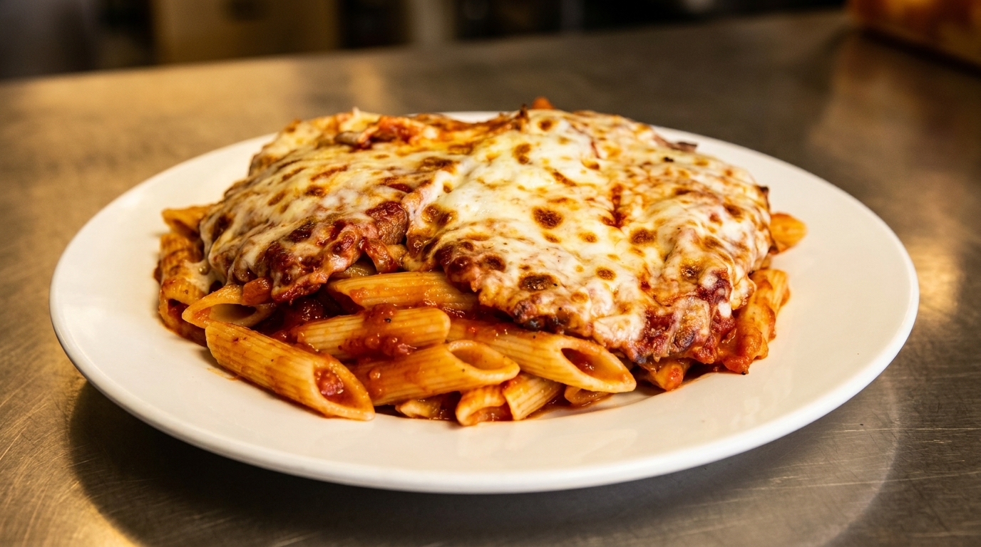 Baked penne pasta with marinara sauce and melted mozzarella cheese on a white plate.