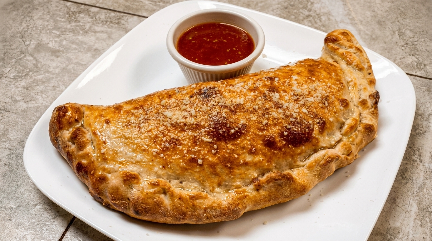 Golden-brown calzone sprinkled with Parmesan cheese, served with a side of marinara sauce on a white plate.
