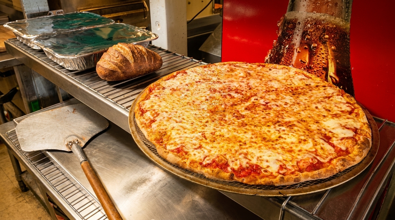 A large cheese pizza, a loaf of bread, and foil containers on a metal rack in a kitchen.