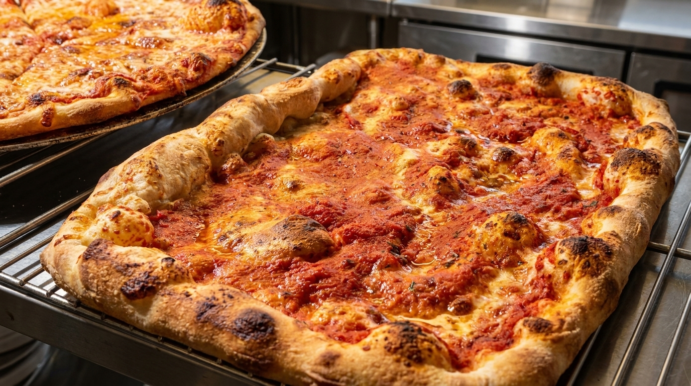 Two freshly baked pizzas, one round and one rectangular, with bubbling cheese and rich tomato sauce.