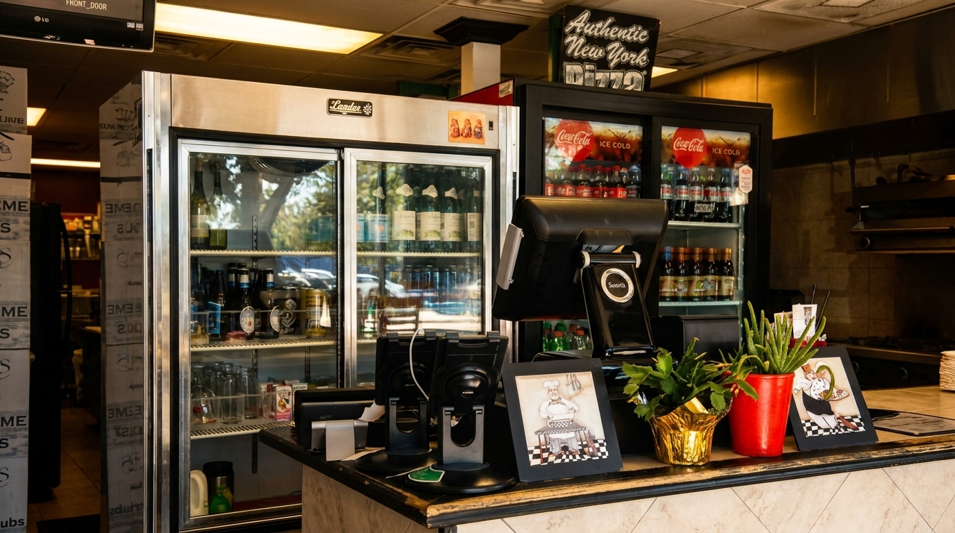 Restaurant counter with POS systems, two refrigerators filled with drinks, and a "New York Pizza" sign.