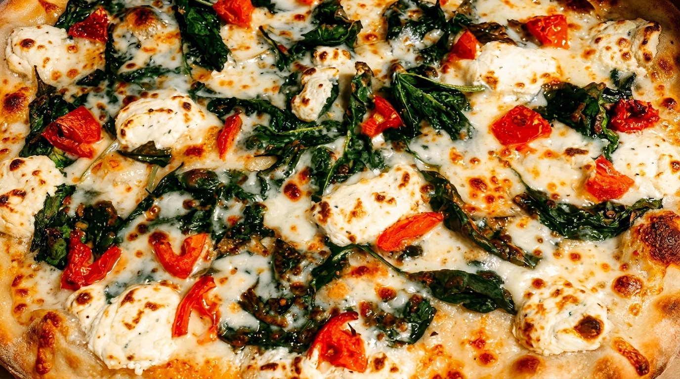 Close-up of a pizza topped with melted cheese, spinach, ricotta, and roasted red peppers.