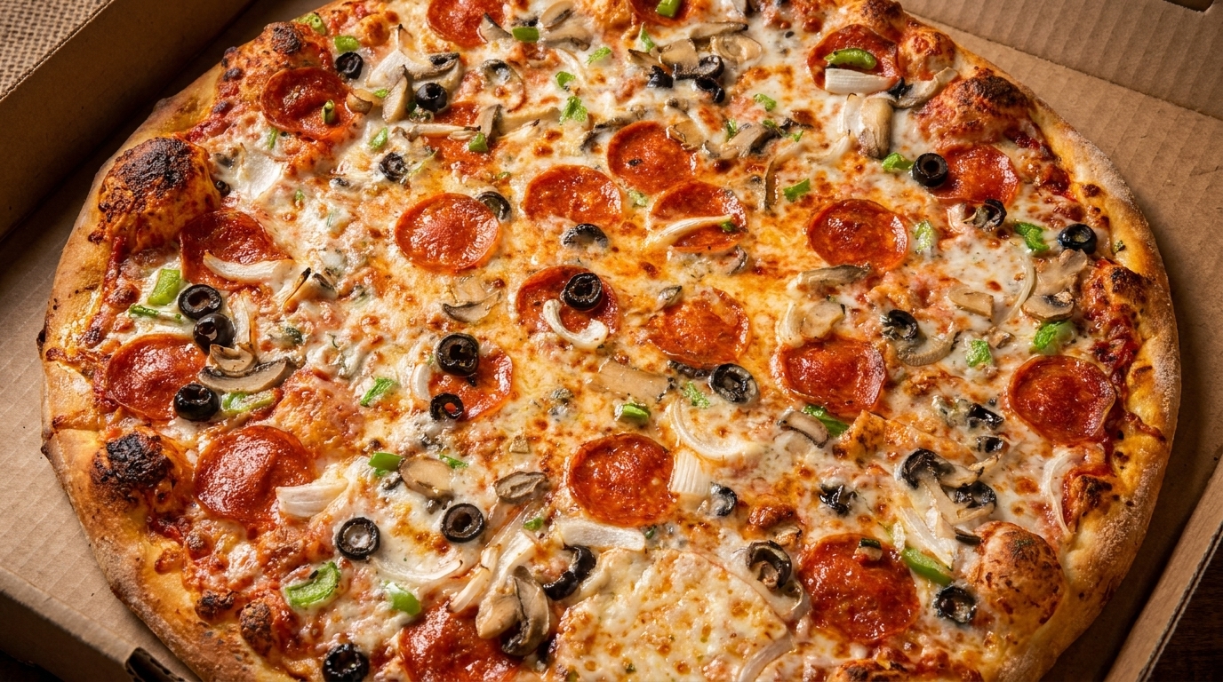 A whole pepperoni, mushroom, olive, and onion pizza in a cardboard delivery box.