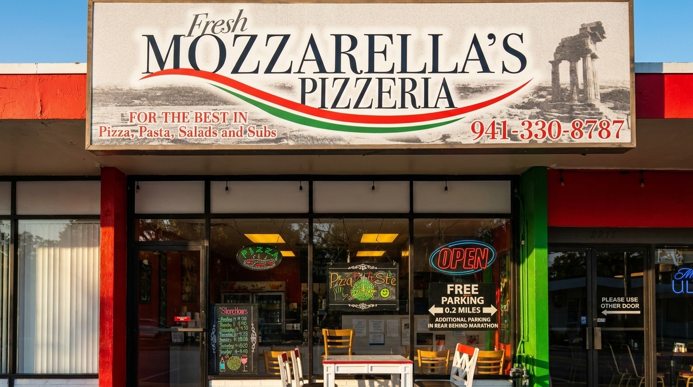 Fresh Mozzarella's Pizzeria storefront with a large sign, outdoor seating, and an "OPEN" neon sign.