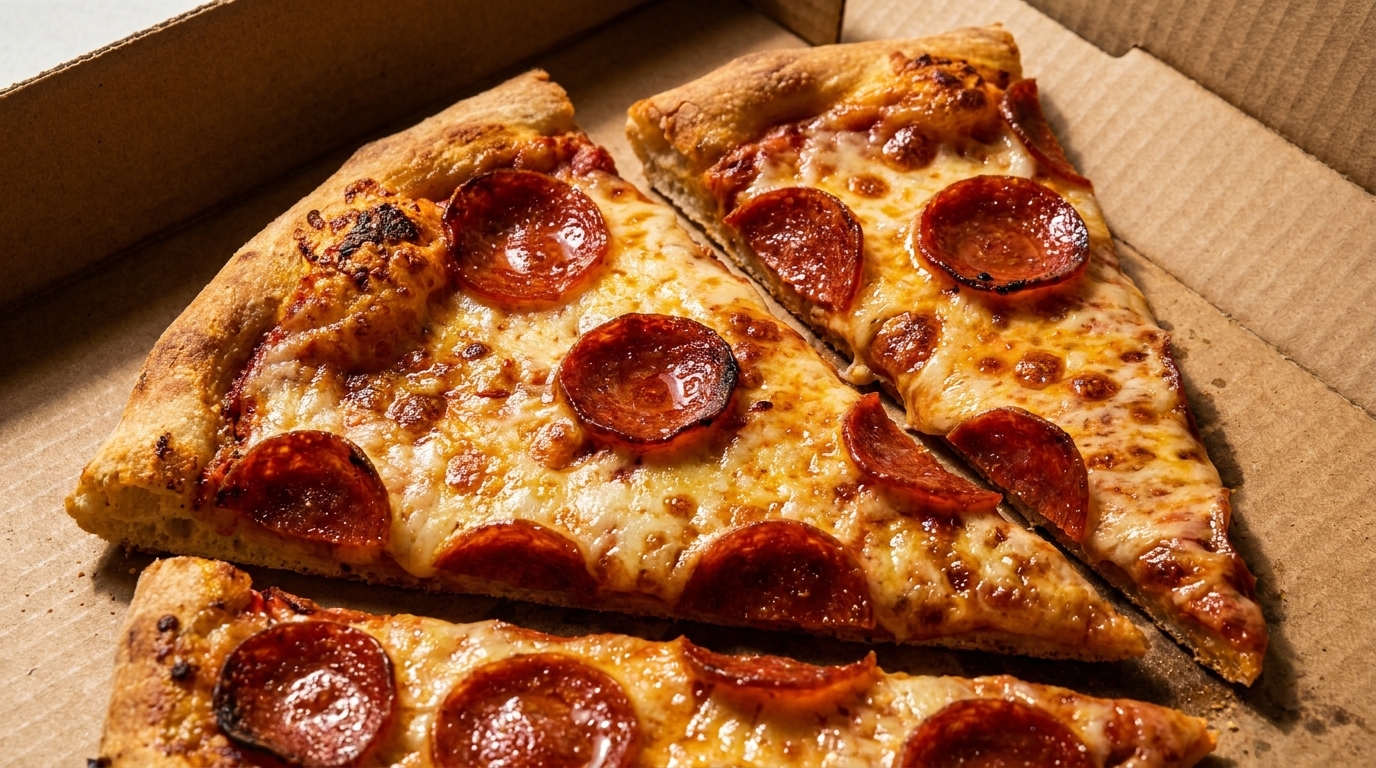 Three slices of pepperoni pizza with melted cheese and crispy crust in a cardboard box.
