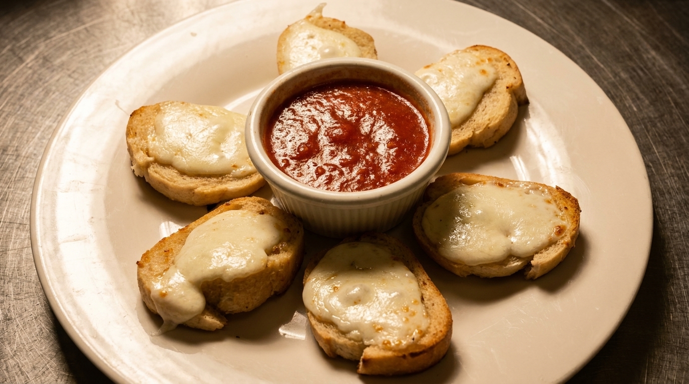 Toasted bread slices topped with melted cheese arranged around a small bowl of red marinara sauce.