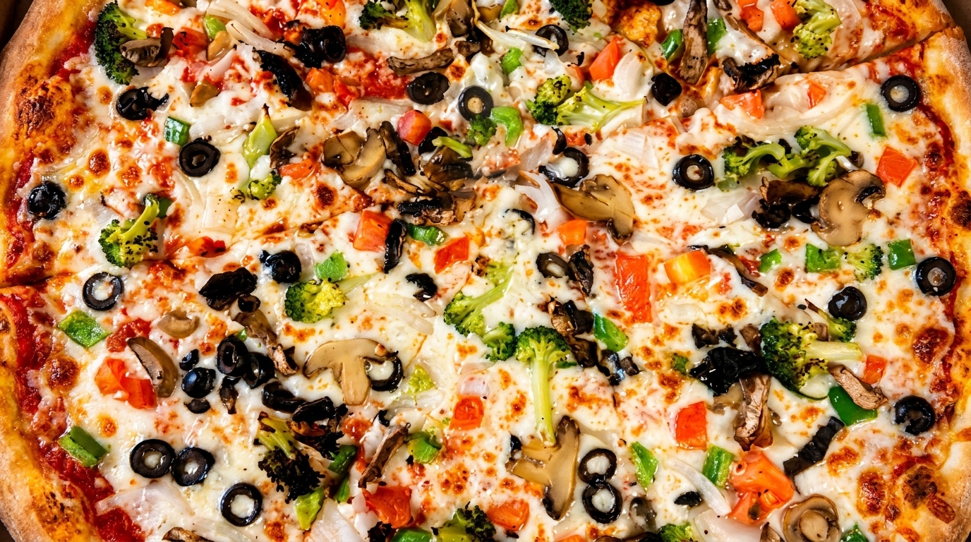 Close-up of a vibrant vegetarian pizza topped with broccoli, mushrooms, olives, and bell peppers.