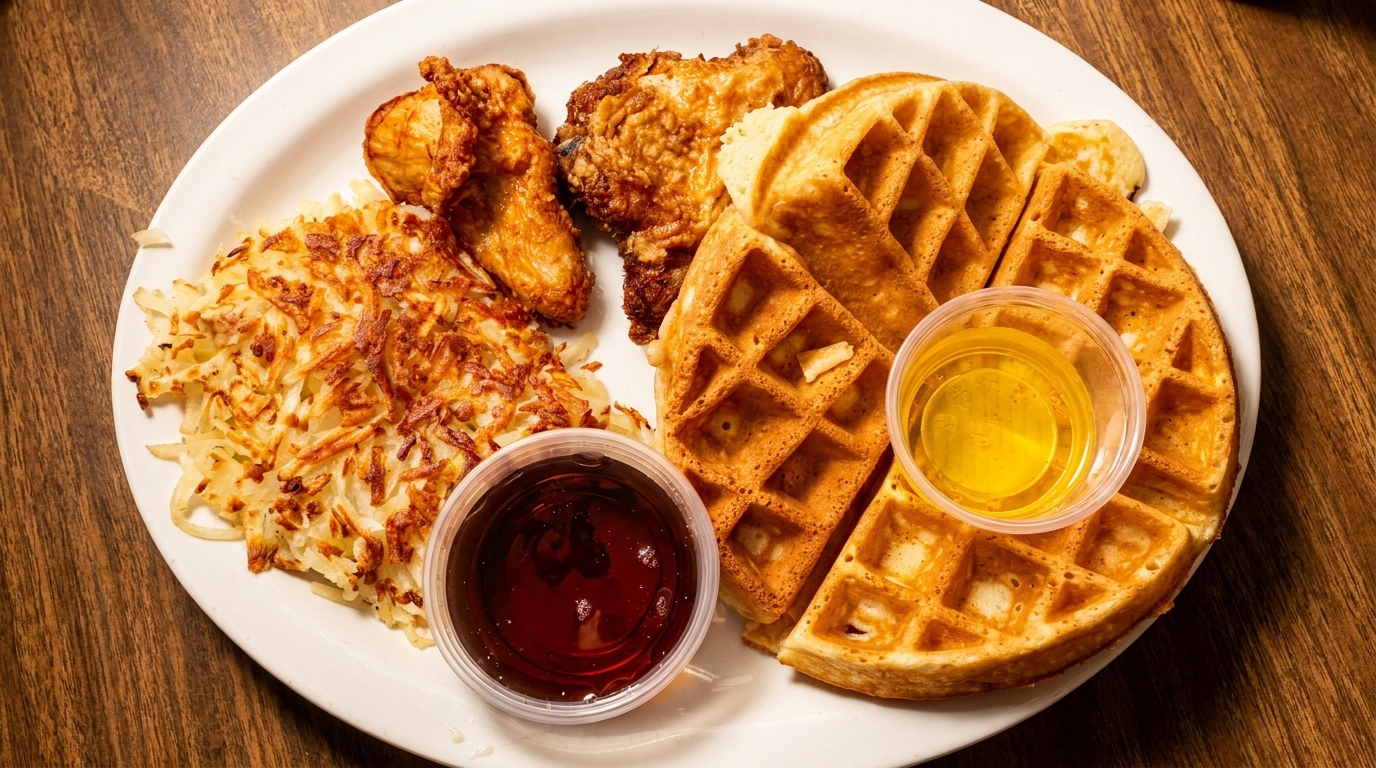 A white plate holds crispy fried chicken, golden waffles, hash browns, and syrup.