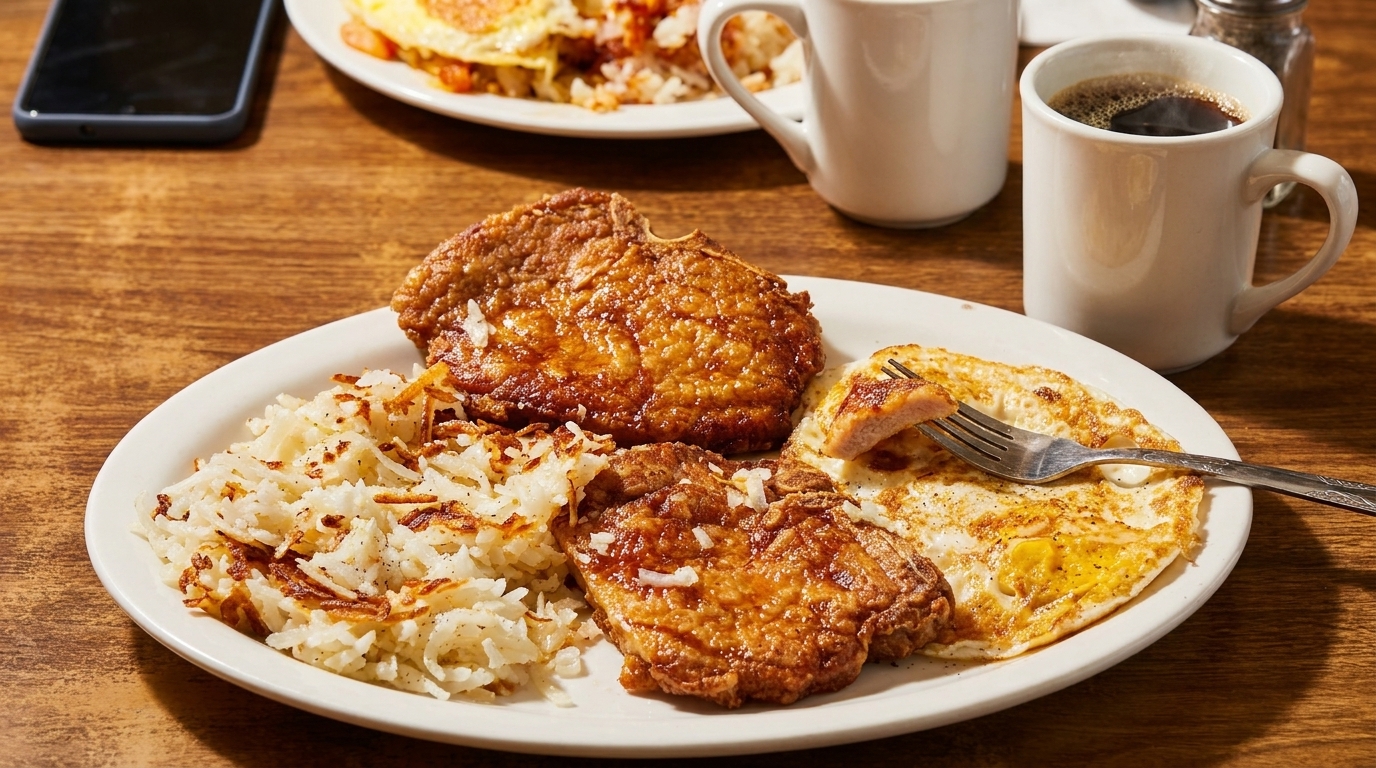 Two fried pork chops, hash browns, and fried eggs with a fork on a white plate.