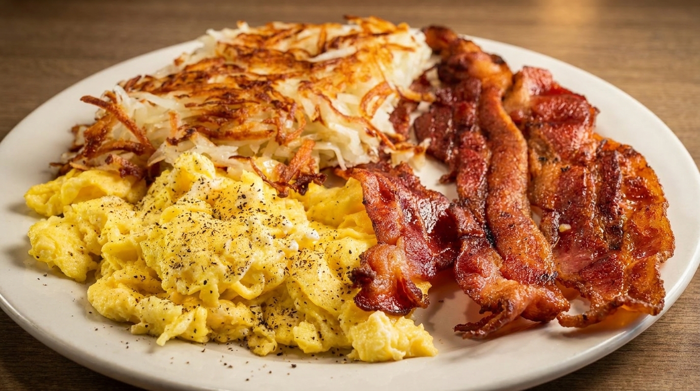 A breakfast plate with scrambled eggs, crispy bacon, and golden-brown hash browns.