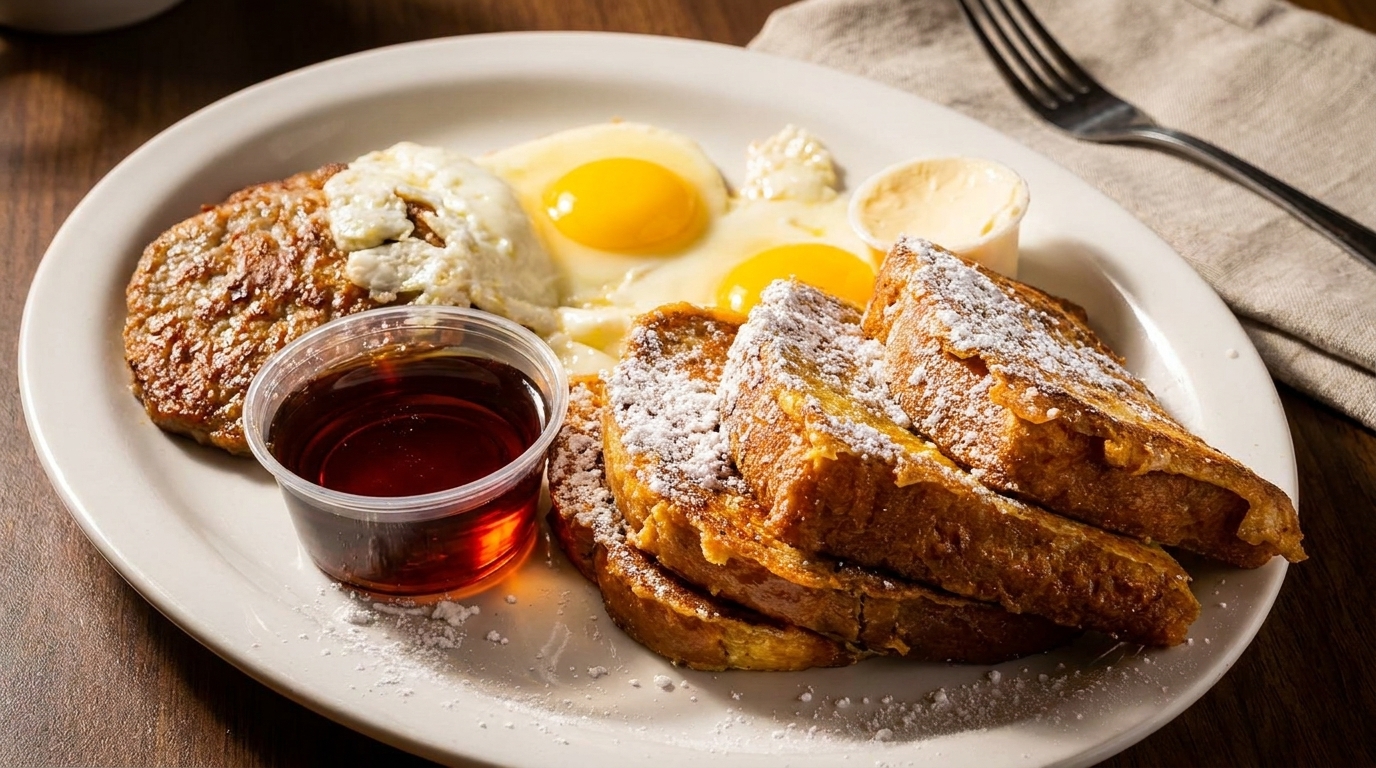 Breakfast plate with French toast, sunny-side-up eggs, sausage patty, syrup, and butter.