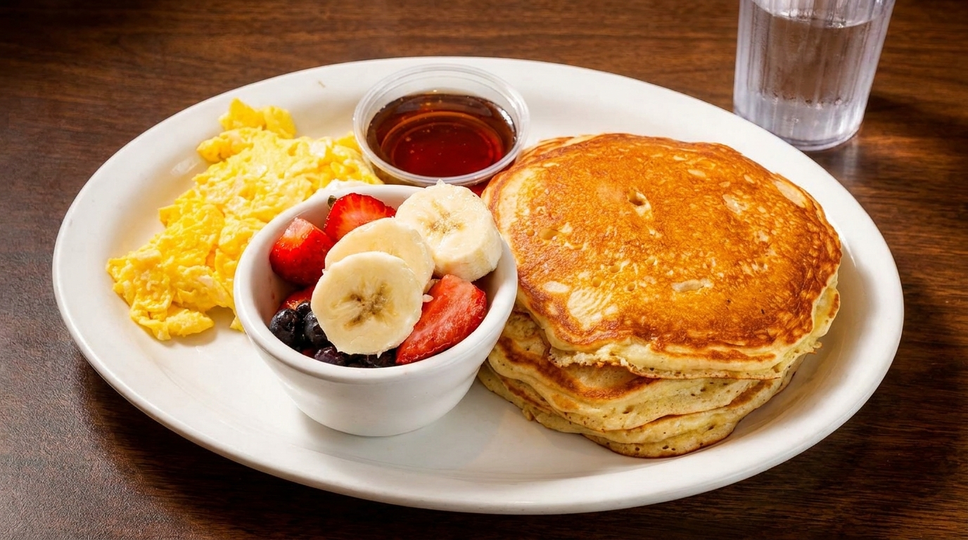 Breakfast plate with scrambled eggs, pancakes, fruit cup, and a side of syrup.