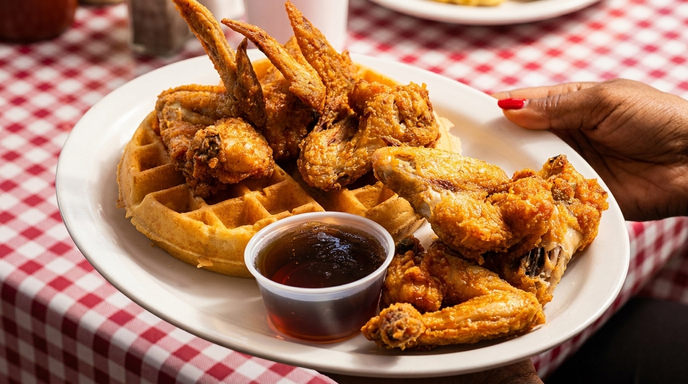 A hand holding a plate of crispy fried chicken and waffles with a side of syrup.