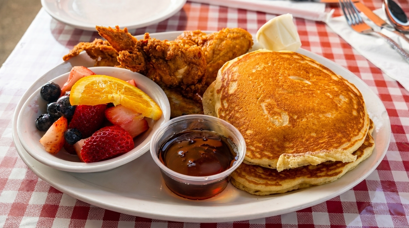 A breakfast plate with fried chicken, pancakes, fruit salad, and syrup on a red checkered tablecloth.