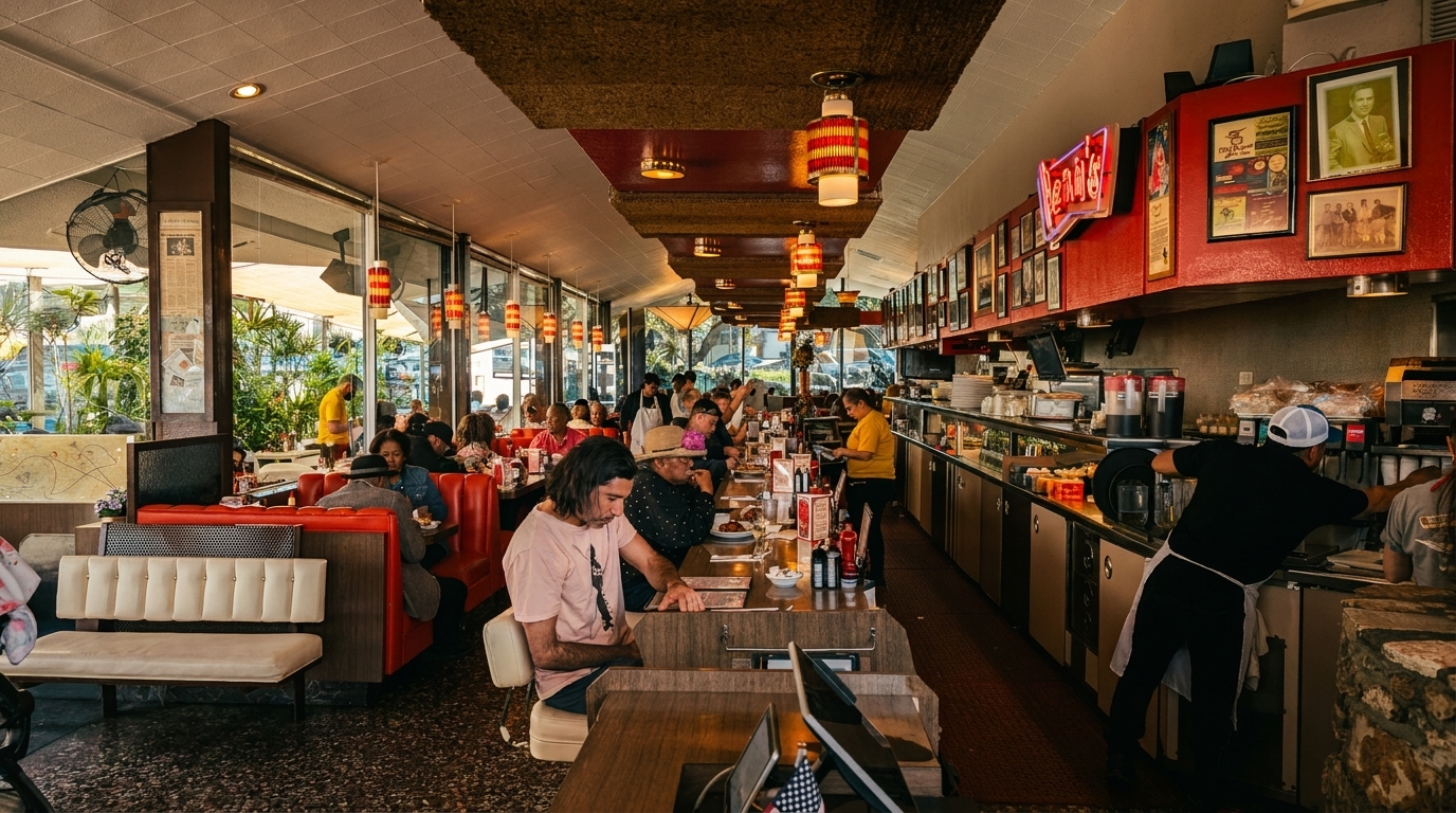 A bustling diner interior with patrons seated at red booths and a long counter, bathed in warm light.