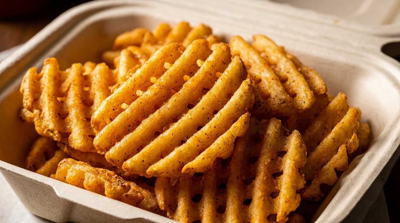 Close-up of crispy, seasoned waffle fries in a light brown takeout container.