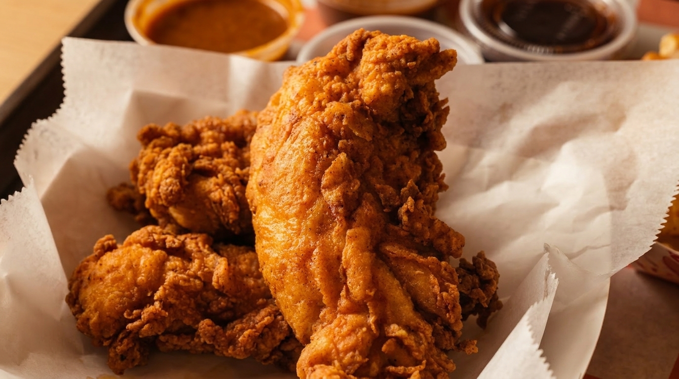 Crispy fried chicken tenders served on white paper with dipping sauces in the background.