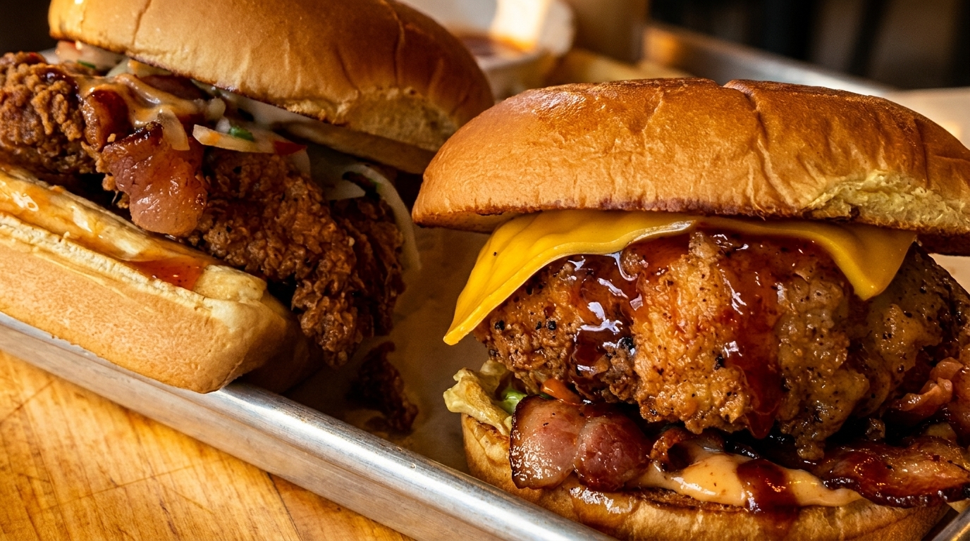 Two crispy fried chicken sandwiches with bacon, cheese, and sauce on a metal tray.