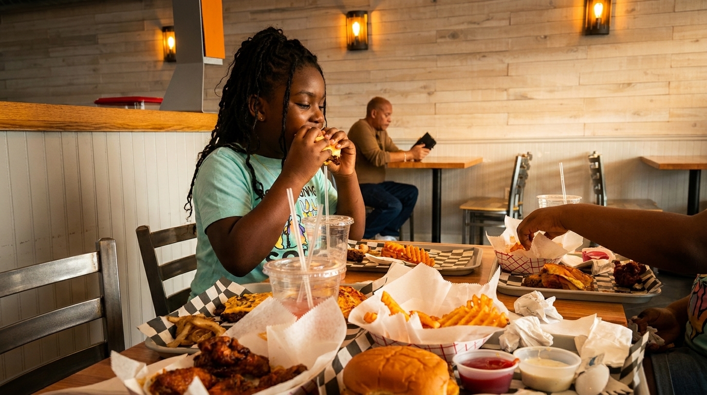 A young girl eats a burger at a restaurant table filled with baskets of fried food.