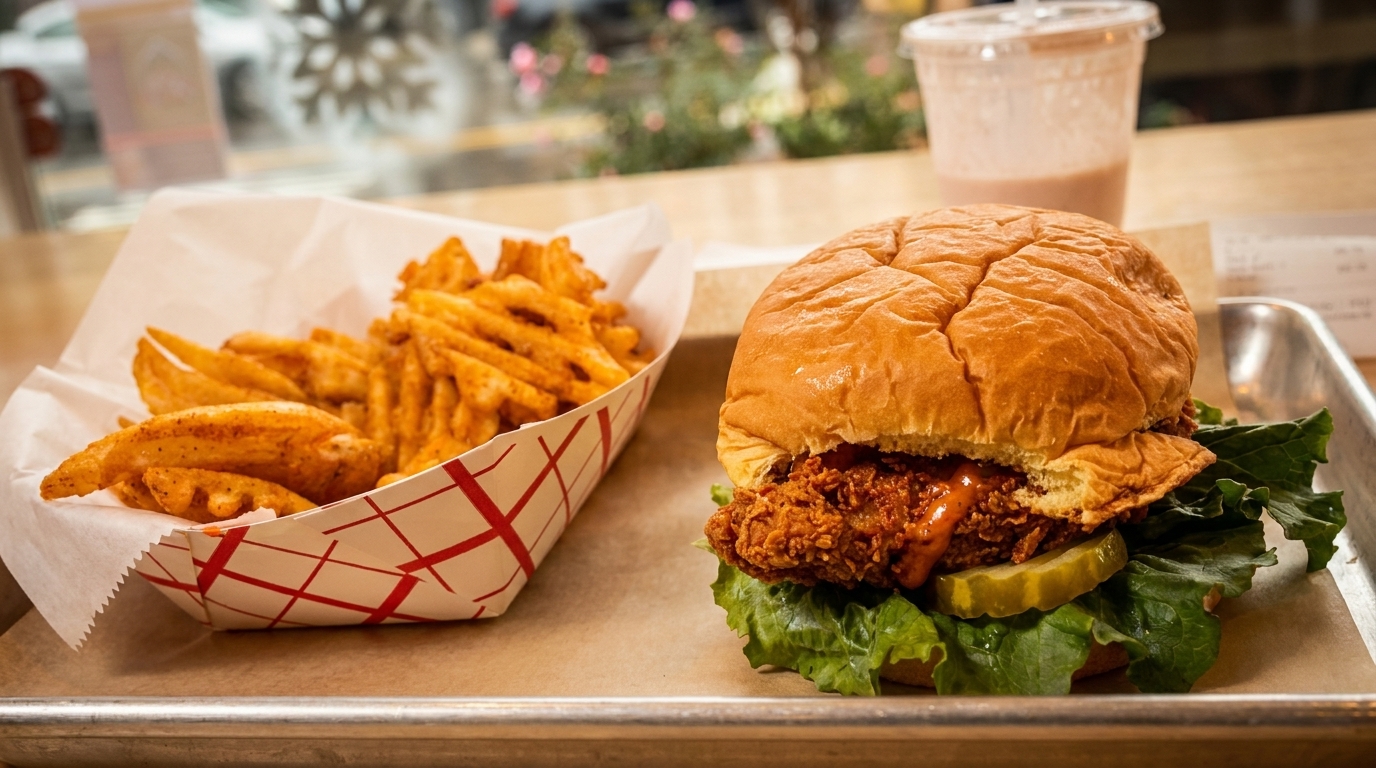 Spicy fried chicken sandwich with pickles and lettuce, waffle fries, and a drink on a metal tray.