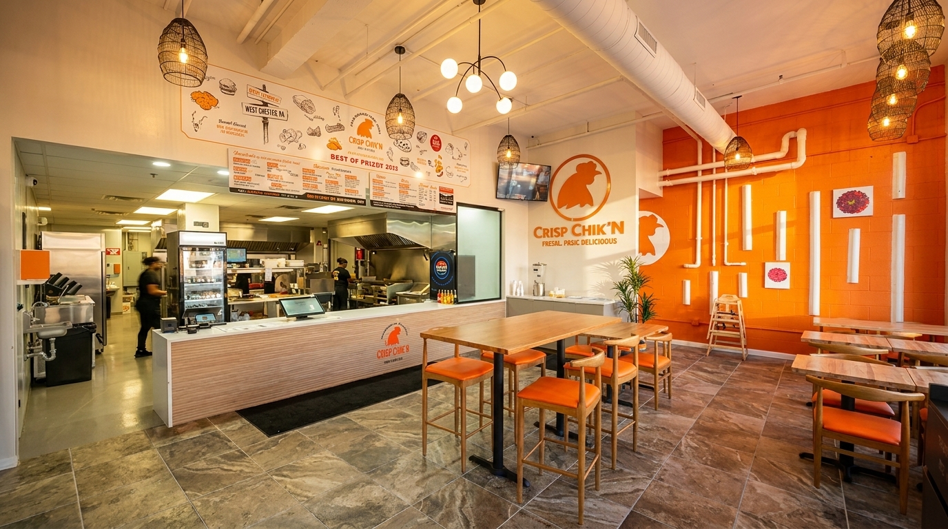 Crisp Chik'n restaurant interior with orange walls, wooden tables, and an open kitchen.