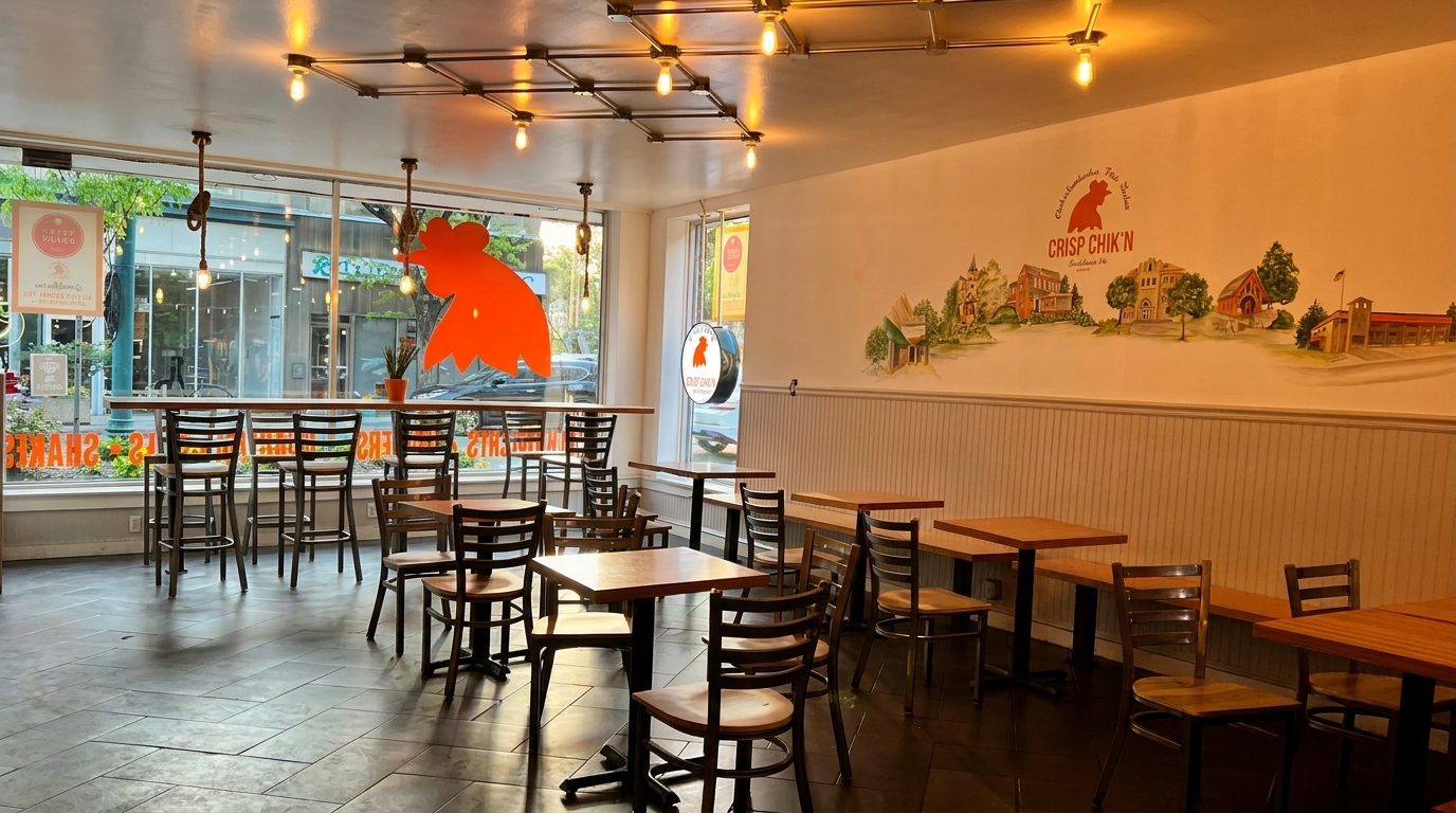 Interior of Crisp Chik'n restaurant with tables, chairs, bar seating, and a mural on the wall.