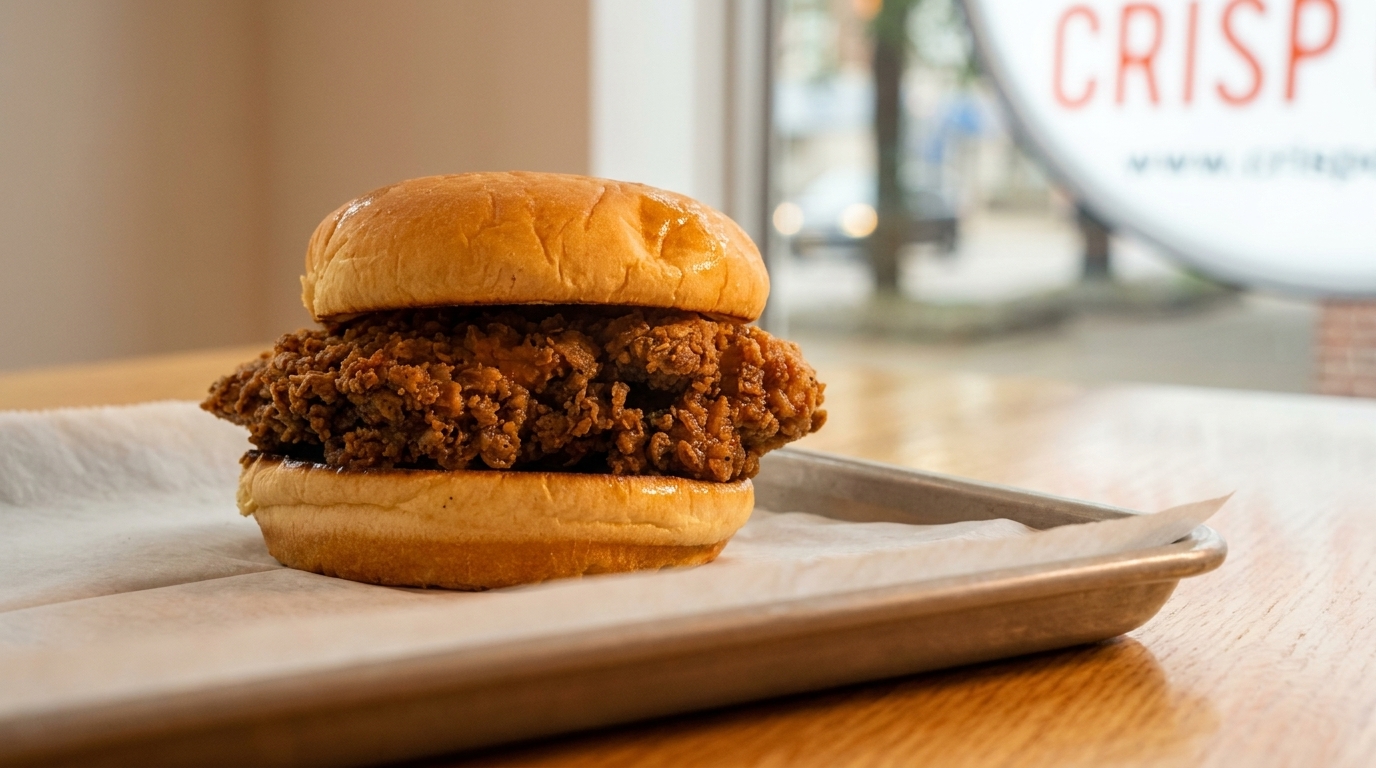 Crispy fried chicken sandwich on a bun, served on a metal tray with parchment paper.