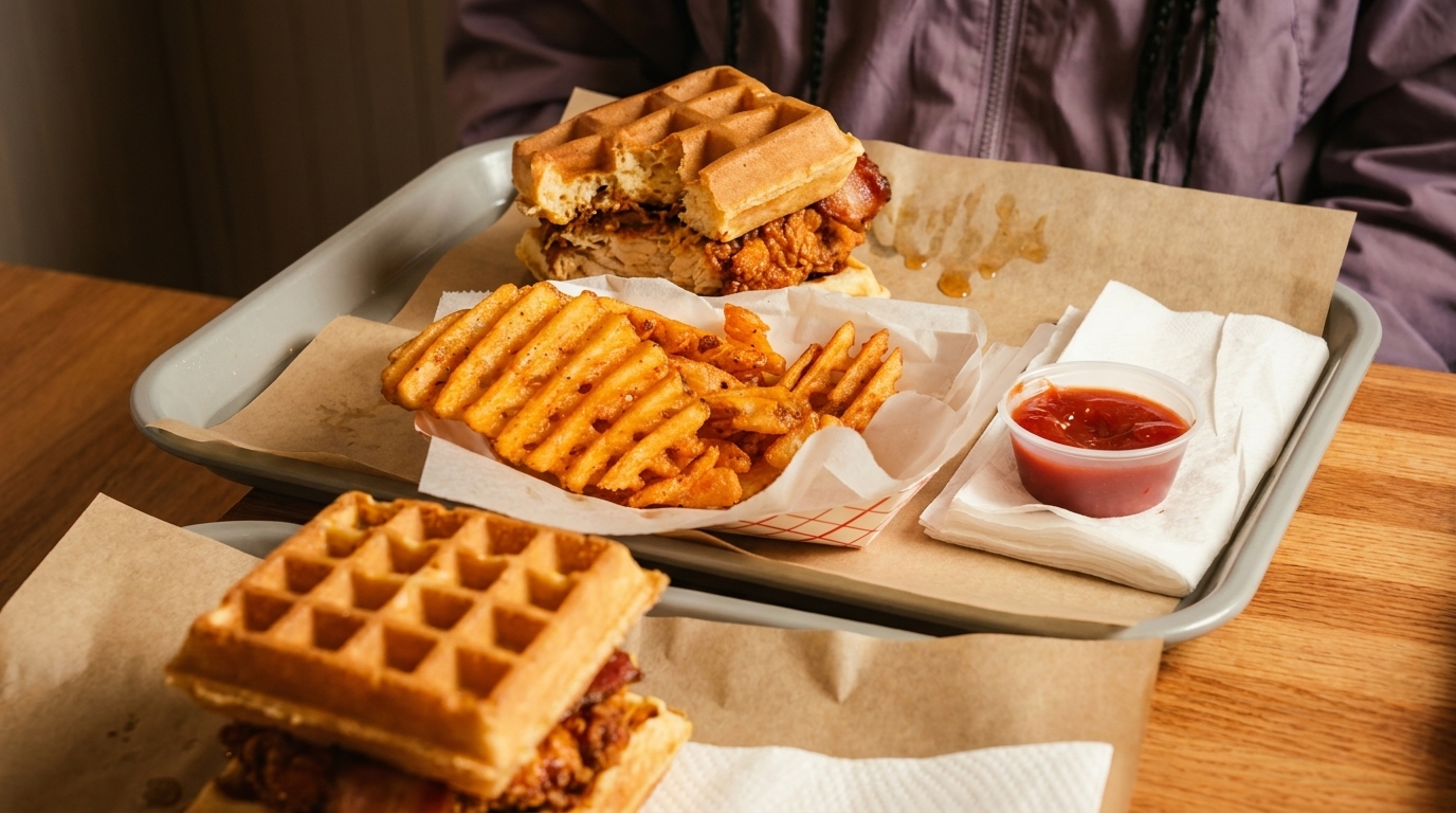 Two chicken and waffle sandwiches with waffle fries and ketchup on a tray.