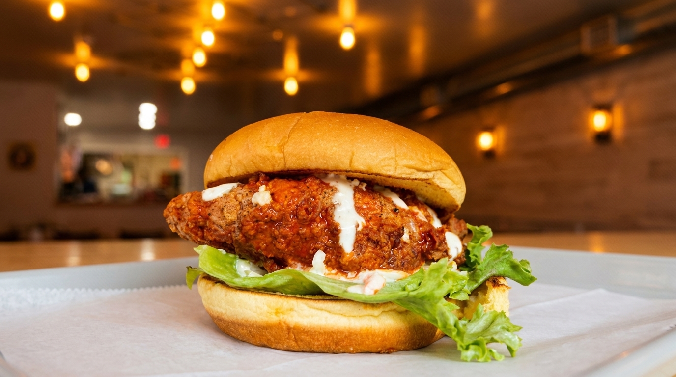Spicy fried chicken sandwich with lettuce and white sauce on a bun, on a tray in a restaurant.