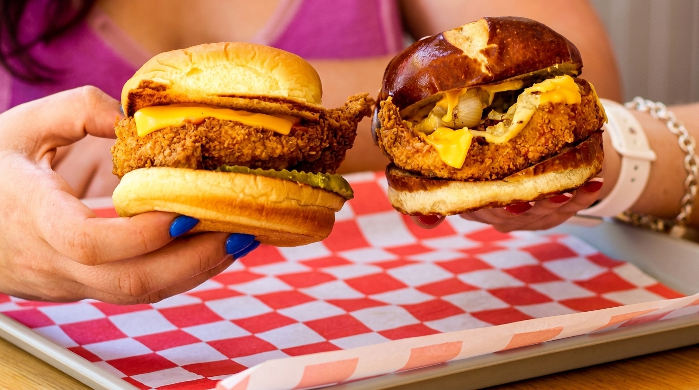 Two hands holding up two different crispy chicken sandwiches with cheese and toppings.