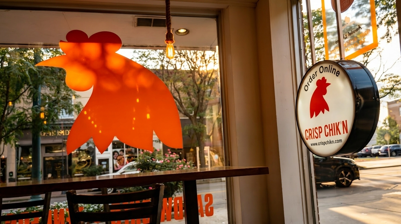 Crisp Chik'n restaurant interior with an orange chicken logo on the window and an outdoor sign.