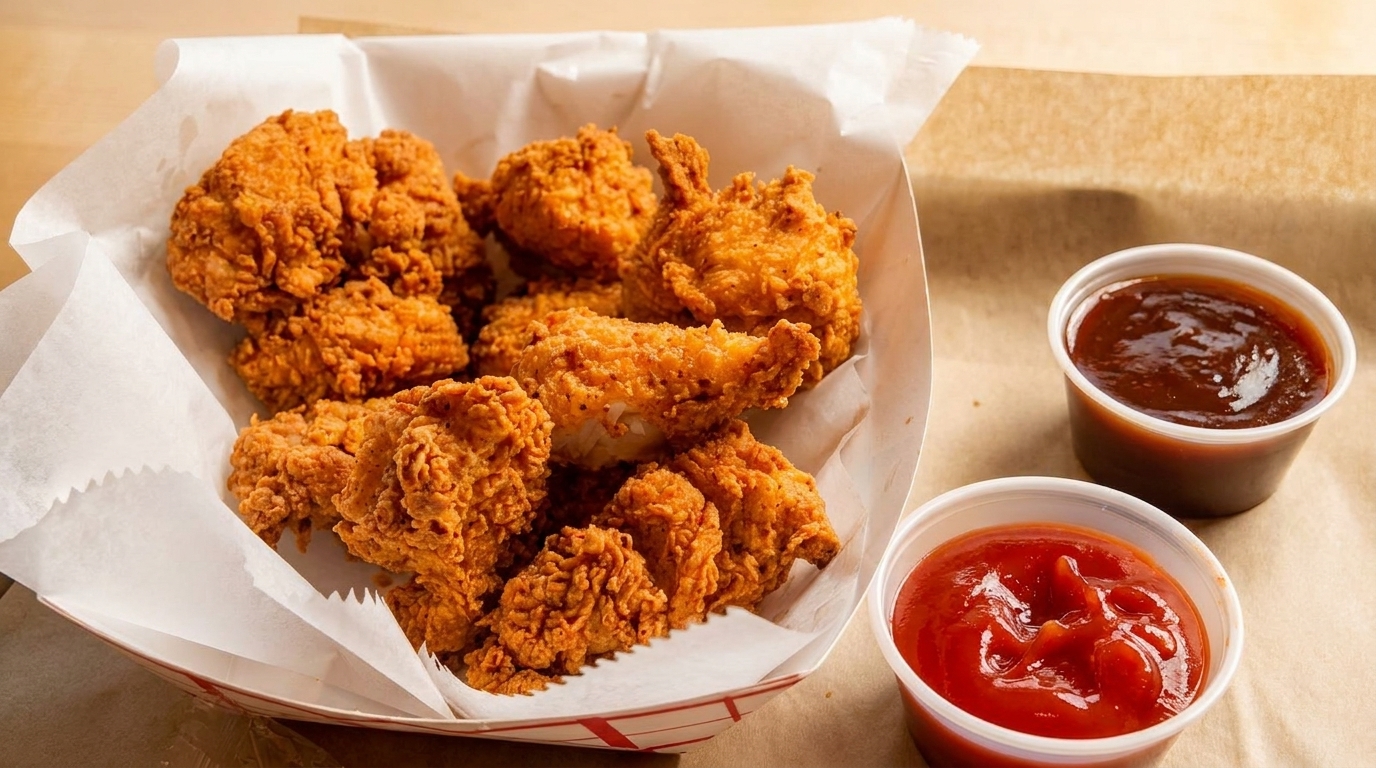 Crispy fried chicken pieces in a paper-lined basket with small containers of ketchup and BBQ sauce.
