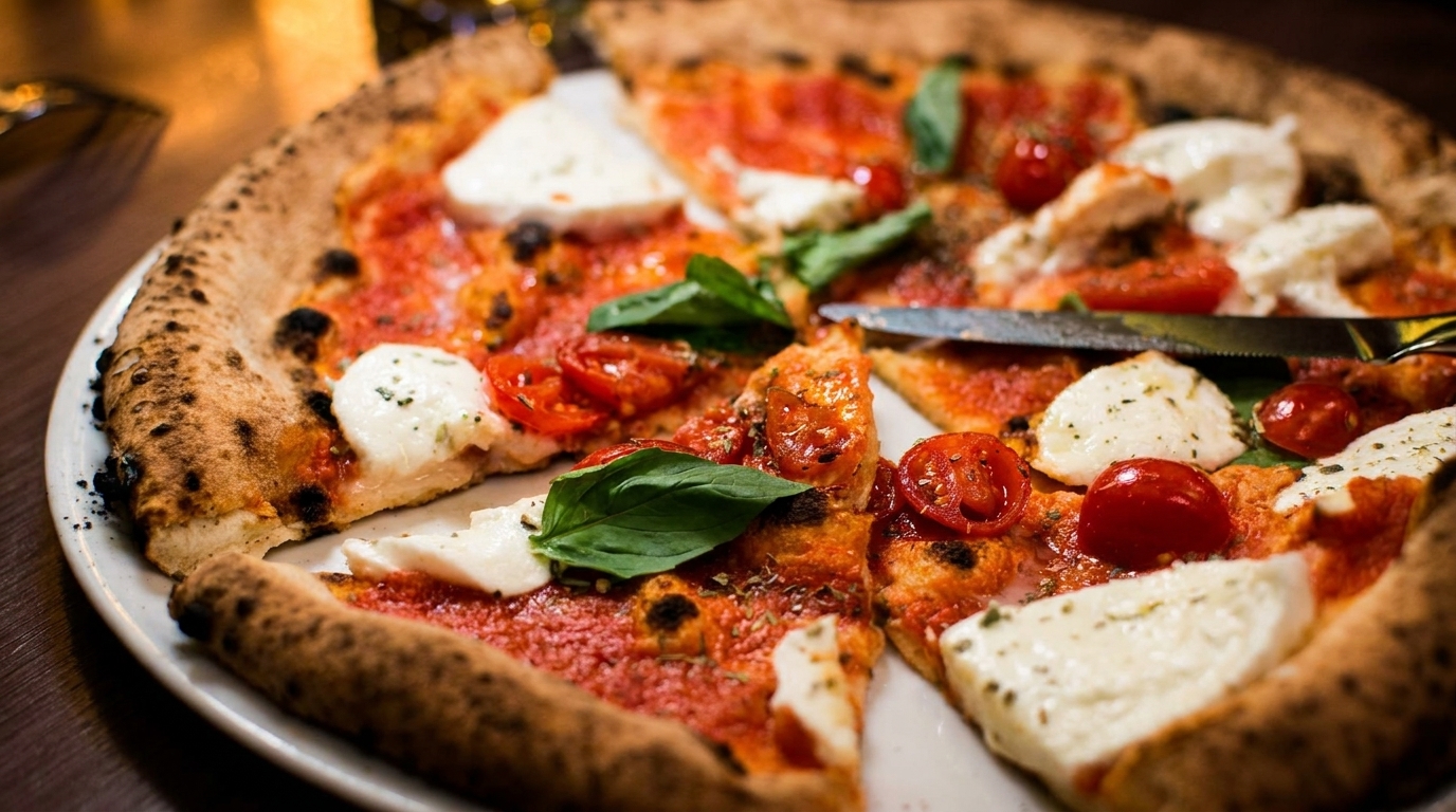 A freshly baked pizza with tomato sauce, mozzarella, cherry tomatoes, and basil, with a knife cutting a slice.