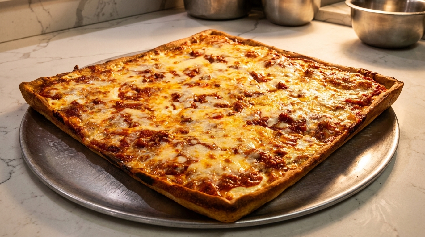 A rectangular Detroit-style pizza with melted cheese and red sauce on a metal pan.