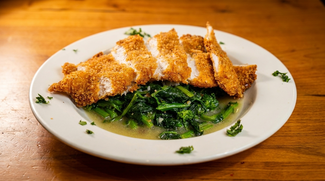 Crispy breaded chicken cutlets, sliced and served over sautéed green vegetables in a light sauce.