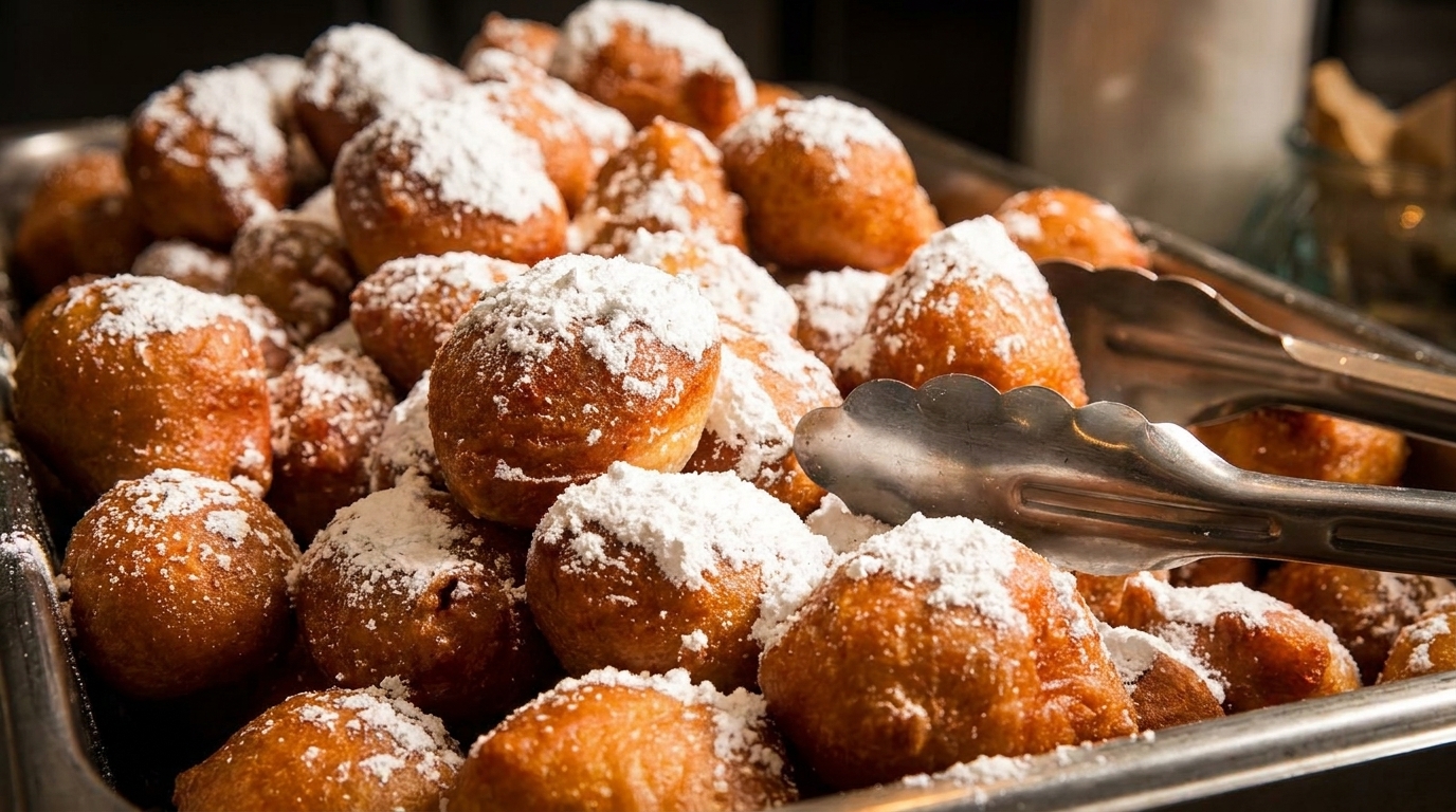 Close-up of golden-brown donut holes covered in powdered sugar, with serving tongs in a metal tray.